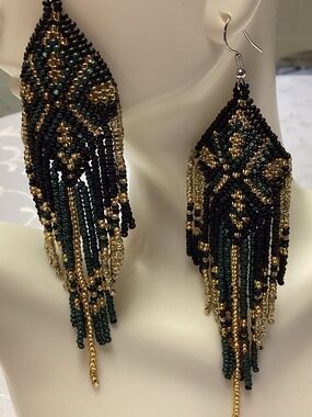 BEADED LONG FUNKY EARRINGS. GOLD & BLACK NEW